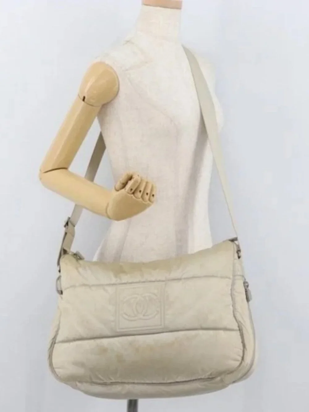 CHANEL Shoulder Bag Nylon Beige Silver CC Auth mr2413